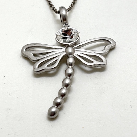Brushed Silver And Crystal Dragonfly Necklace, Unknown Hallmark - Picture 3 of 7
